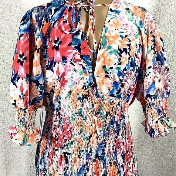 NWT Large Luxxel Multicolor Floral Midi Dress smocked body ruffle - Picture 13 of 16